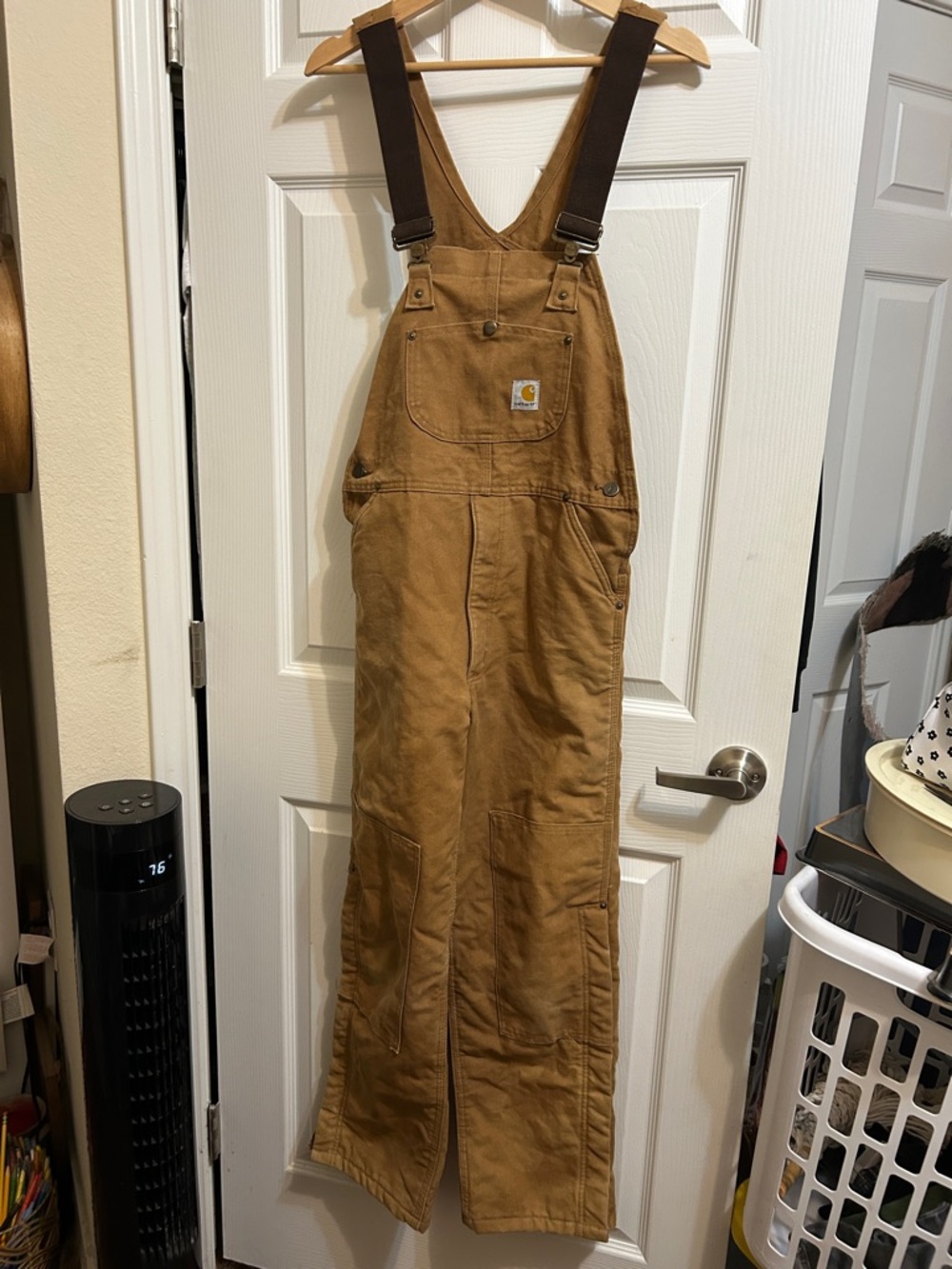 Carhartt Tan/Brown Duck Canvas Bib Overalls with Dark Brown Straps Youth XL